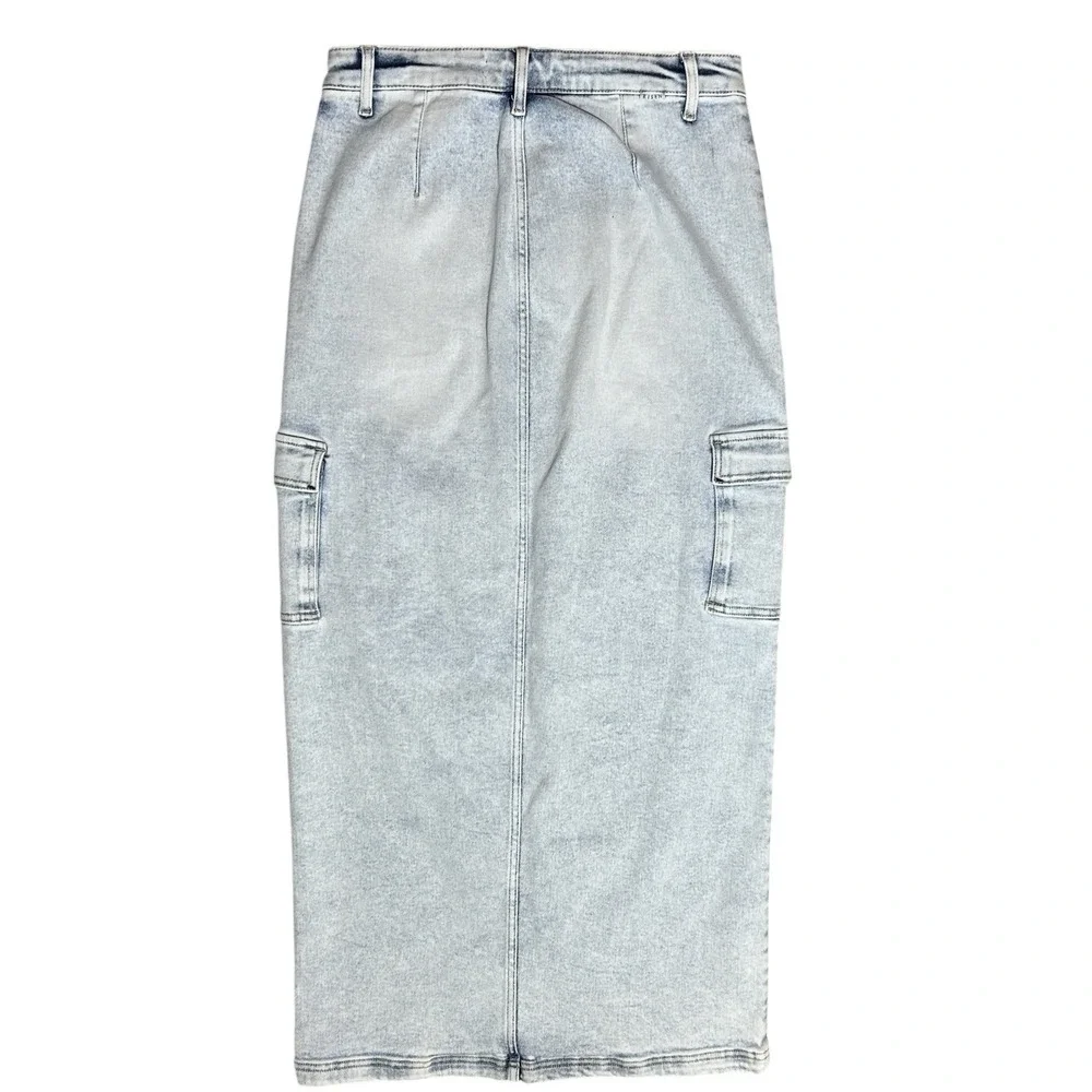 RISEN Jeans Midi Cargo Skirt Sz L Front Slit Stretch Light Wash Denim RDS6186 - Picture 3 of 12